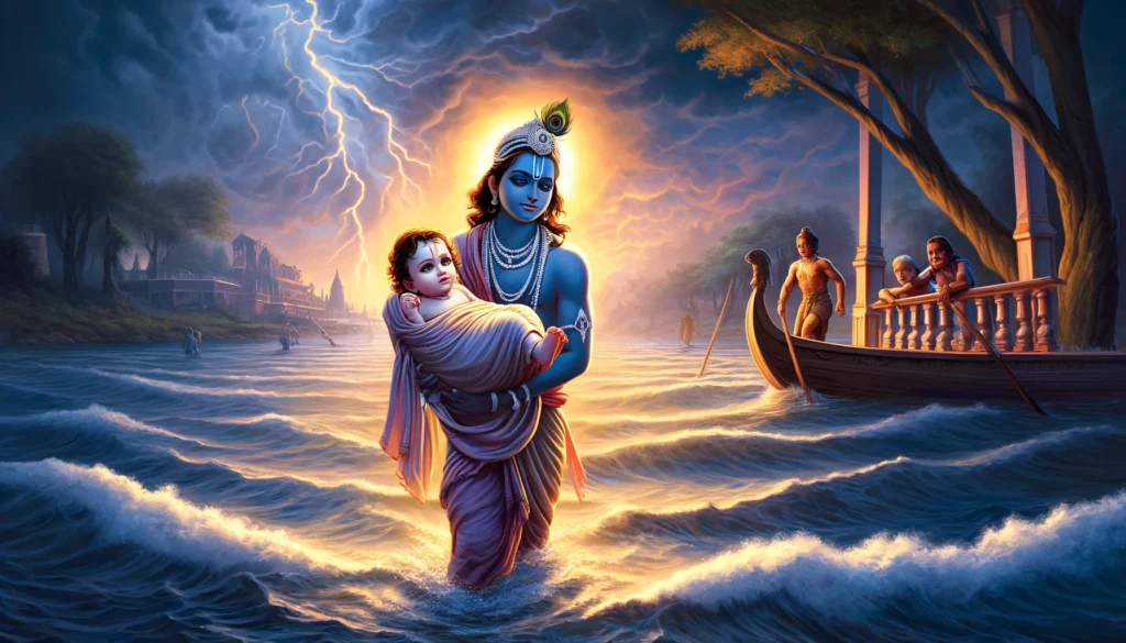 A scene showing baby Krishna being carried by Vasudeva across the Yamuna River at night. The sky is stormy with lightning, but the river is calm.